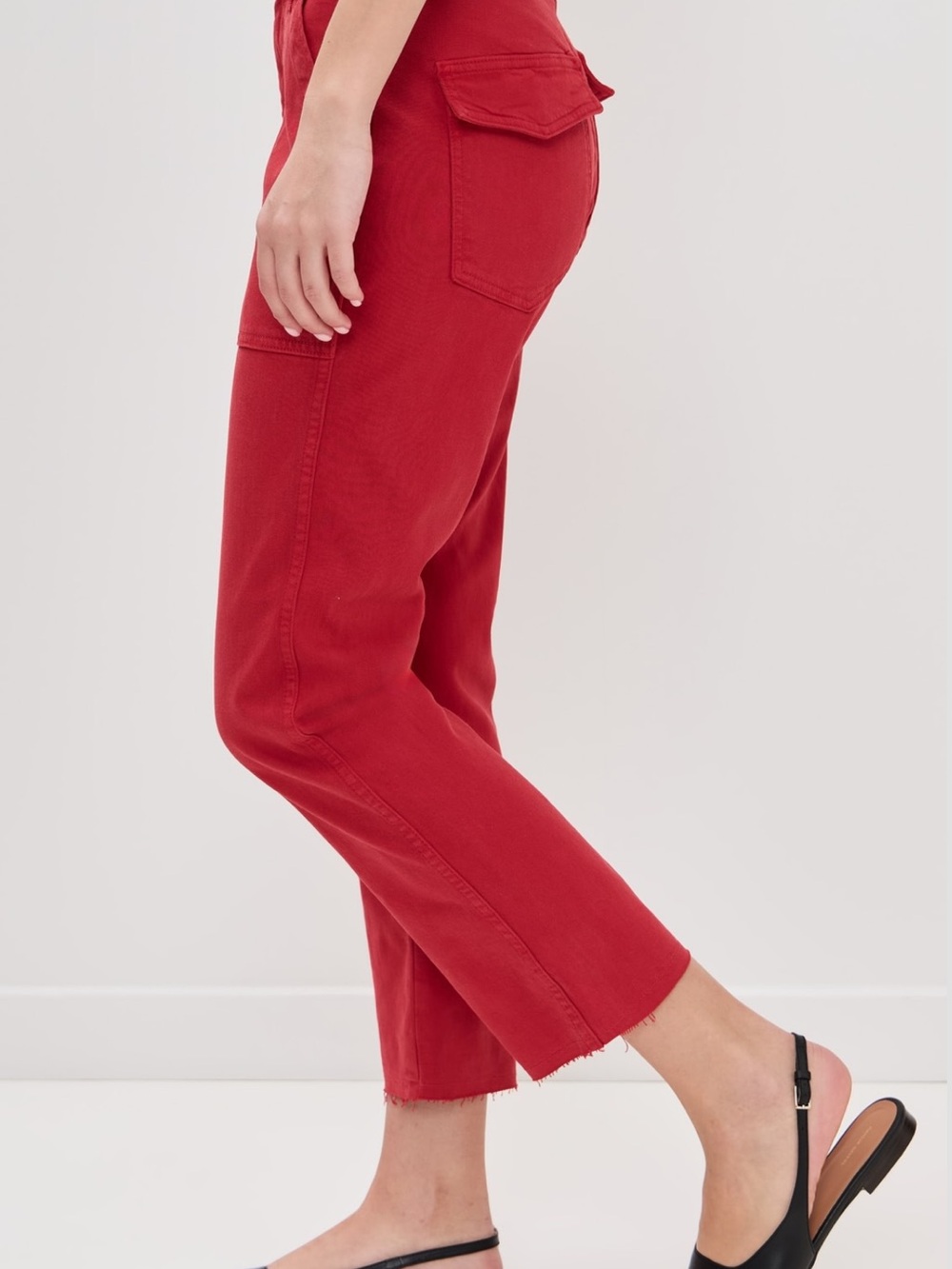 AMO Easy Army Red Cargo Pants with Frayed Hem NWT 23 - Picture 7 of 10